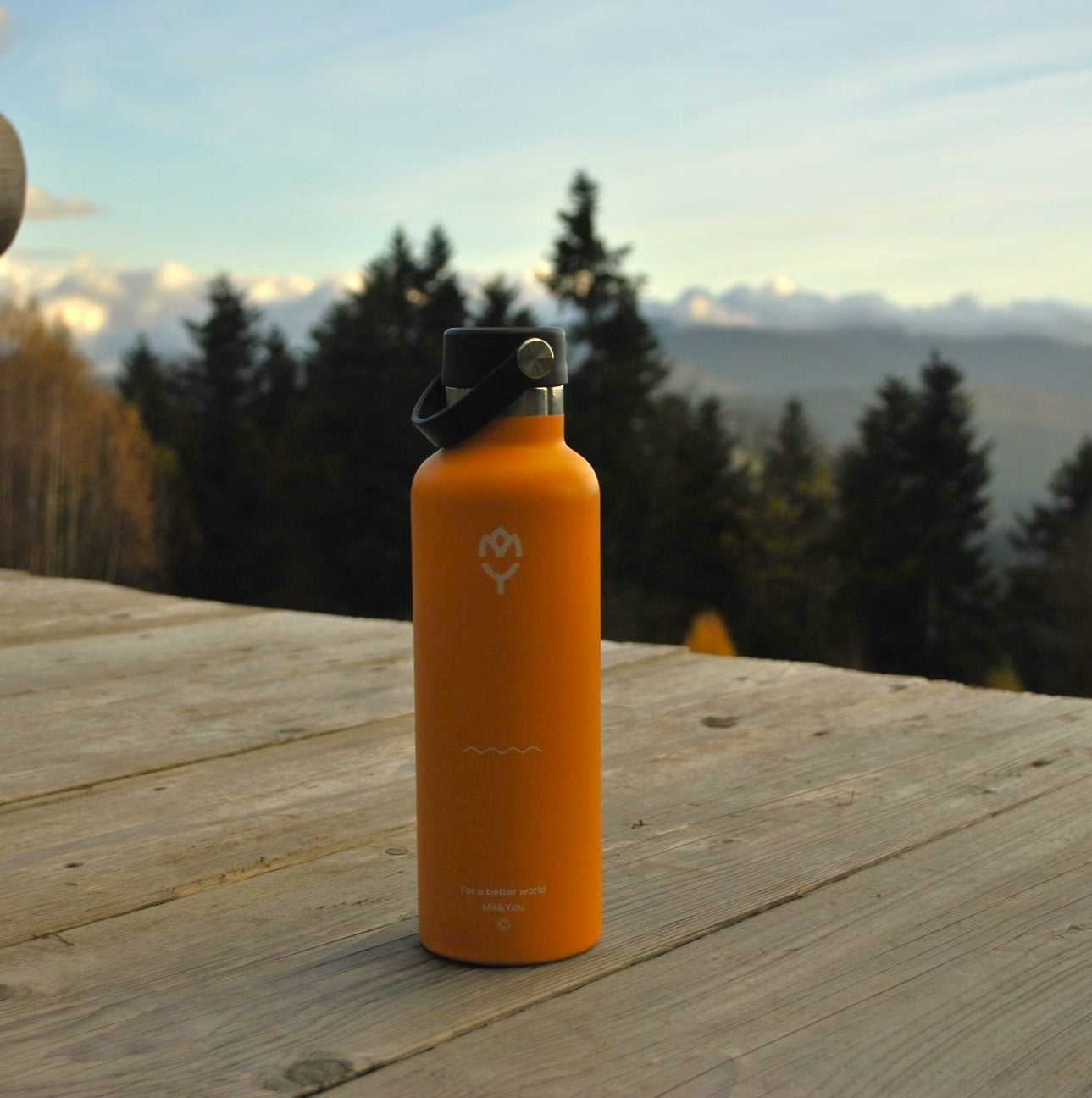 Termoska Mangifera 750ML položená na drevenej podlahe, v pozadí horská scenéria, zvýraznené telo, viečko a farba fľaše