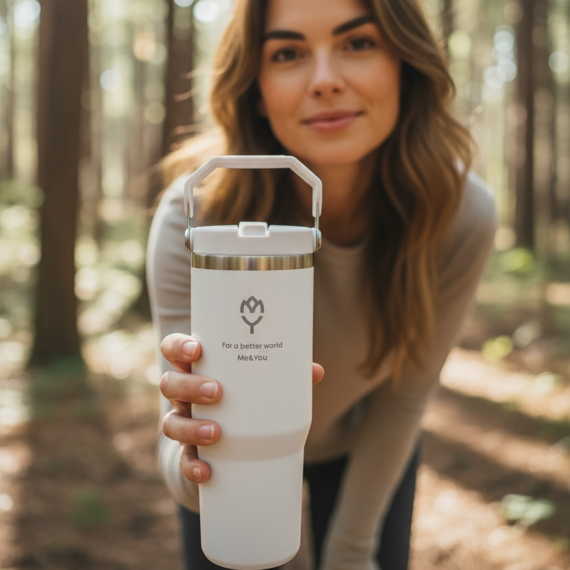 držaný štýlovou ženou, mierne naklonenou a s rukou vystretou k fotoaparátu, v jemne rozmazanom lesnom prostredí s teplým slnečným svetlom. Logo produktu jasne viditeľné.