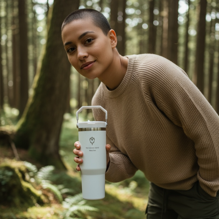 termohrncek držaný štýlovou ženou s veľmi krátkymi vlasmi, mierne naklonenou k fotoaparátu v jemne rozmazanom lesnom prostredí s teplým slnečným svetlom. Logo produktu jasne viditeľné.